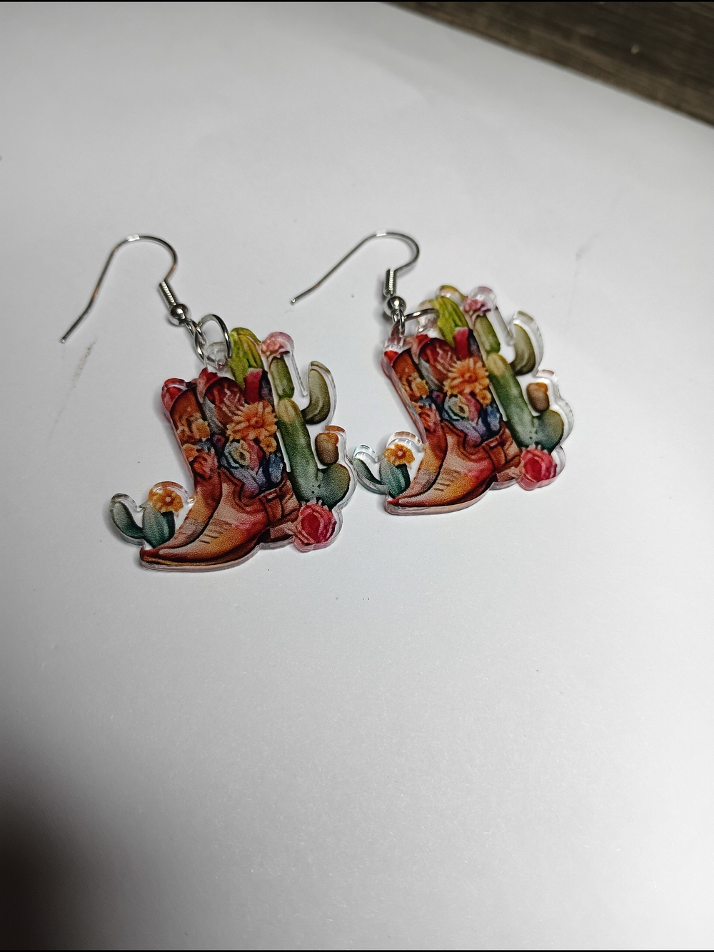 Cowboy Boot Cactus Floral Dangle Earrings
